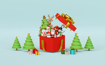快乐圣诞节和快乐新一年场景圣诞节庆祝活动与圣诞老人老人和朋友与大礼物盒子呈现