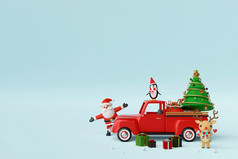快乐圣诞节和快乐新一年圣诞节庆祝活动背景与圣诞节卡车和圣诞老人老人呈现