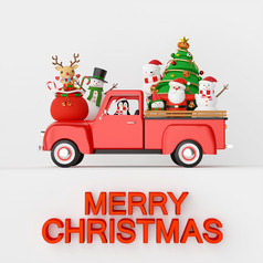 快乐圣诞节和快乐新一年圣诞节庆祝活动与圣诞老人老人和朋友圣诞节卡车呈现
