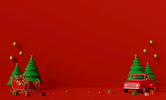 快乐圣诞节和快乐新一年场景圣诞节卡车完整的圣诞节礼物和雪橇与复制空间呈现