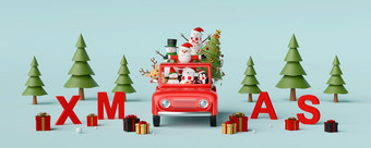 快乐圣诞节和快乐新一年圣诞老人老人和朋友红色的车与圣诞节装饰呈现