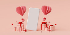 情人节横幅背景智能手机与礼物盒子和心形状气球呈现