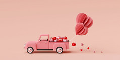 情人节横幅背景卡车完整的心形状气球与礼物盒子呈现
