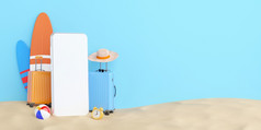 夏天购物在线概念智能手机模型与旅行配件沙子插图