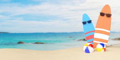 冲浪板穿太阳镜与球的海滩插图
