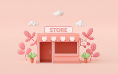 最小的方便商店建筑与粉红色的背景插图