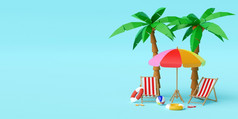 夏天假期概念海滩伞椅子和配件下棕榈树蓝色的背景插图