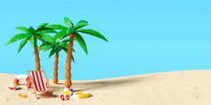 夏天假期概念夏天海滩与海滩伞椅子和配件插图