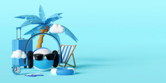 夏天假期概念海滩棕榈树和旅行配件蓝色的背景插图