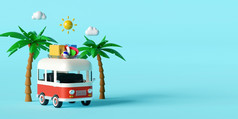 夏天假期概念旅行的海滩的携带旅行配件下棕榈树蓝色的背景插图