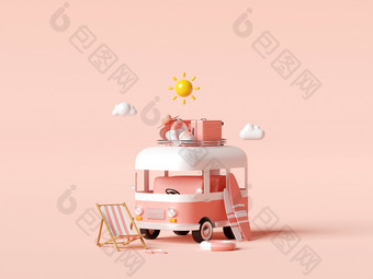 夏天假期概念旅行的海滩的携带旅行配件粉红色的背景插图