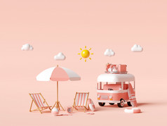 夏天假期概念旅行的海滩的携带旅行配件粉红色的背景插图