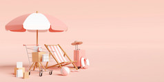 夏天出售横幅购物车与海滩配件行李粉红色的背景插图