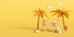 夏天出售横幅购物车与棕榈树和海滩配件黄色的背景插图