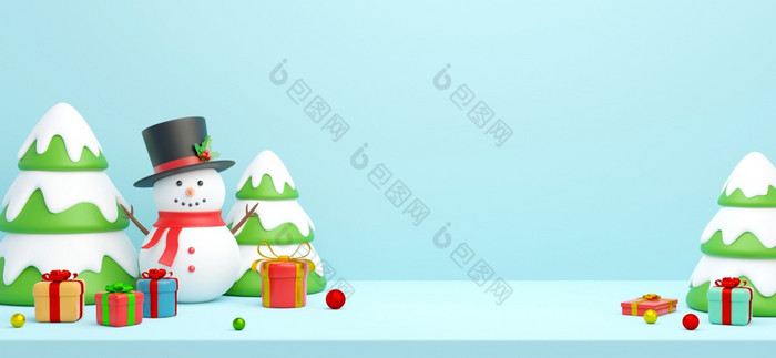 圣诞节横幅明信片场景雪人与圣诞节树和礼物插图
