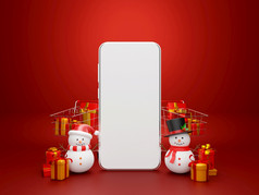 圣诞节购物在线出售智能手机与雪人和购物卡江南与礼物插图
