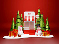 圣诞节横幅圣诞节购物在线智能手机概念智能手机与雪人和礼物盒子雪地面插图