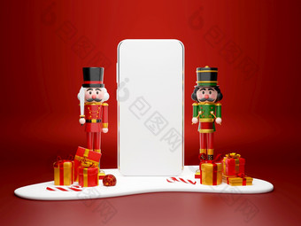 圣诞节购物在线概念智能手机与胡桃夹子和圣诞节礼物插图