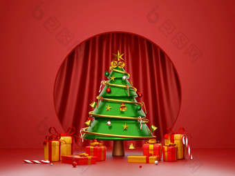 <strong>场景</strong>圣诞节树和<strong>礼物</strong>盒子与红色的窗帘背景