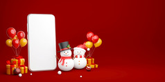 插图智能手机与雪人和圣诞节礼物快乐圣诞节