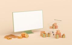 插图购物在线概念空白屏幕移动PC与礼品盒和购物袋