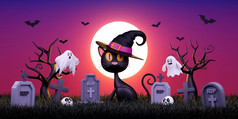 插图黑色的猫的墓地完整的月亮晚上快乐万圣节一天
