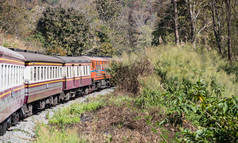 表达火车会的高山与的柴油电机车通过的国家公园北部泰国