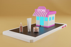动画在线购物电子商务商店盒子和交付卡车智能手机呈现