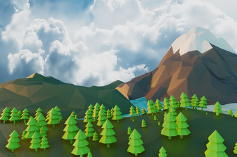 lowpoly景观自然与山树和<strong>云</strong>日落背景最小的动画呈现