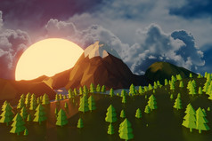 lowpoly景观自然与山树和云日落背景最小的动画呈现