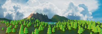 lowpoly景观自然与山树和云日落背景最小的全景动画呈现lowpoly景观自然与山树和云日落背景最小的全景动画呈现