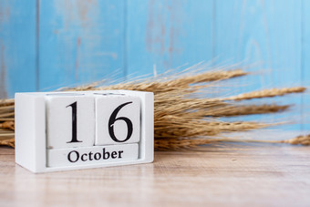10月日历木与小麦表格背景食物捐赠分享志愿者和世界食物一天概念