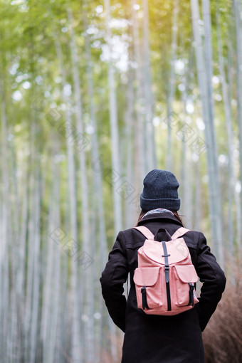 年轻的女人旅行岚山竹子格罗夫快乐亚洲旅行者看嵯竹子森林具有里程碑意义的和受欢迎的为<strong>游客景点</strong>《京都议定书》日本亚洲旅行概念