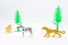 豹和斑马模型孤立的白色背景动物玩具塑料