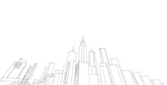 现代城市全景插图城市景观草图大都市摩天大楼草图体系结构背景