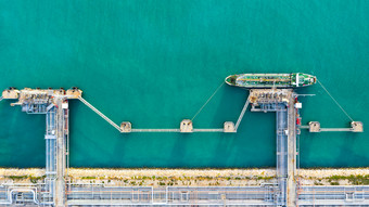 <strong>空中</strong>视图油轮船卸货港口业务进口出口石油与油轮船运输石油从炼油厂的海