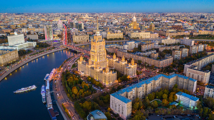 莫斯科城市与莫斯科河俄罗斯联合会莫斯科天际线与的历史体系结构摩天大楼空中视图俄罗斯