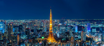 东京塔东京晚上沟通和观察塔近视图东京城市天际线日本