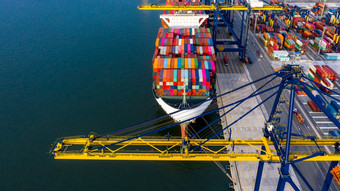 容器船深海港口全球业务物流进口出口<strong>运费</strong>航运运输海外在世界范围内容器船容器船加载货物货物<strong>运费</strong>船空中视图