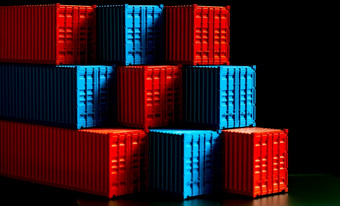 堆栈蓝色的和红色的容器盒子货物运费船为进口出口物流航运货物容器集公司航运交付和物流全球业务容器货物船