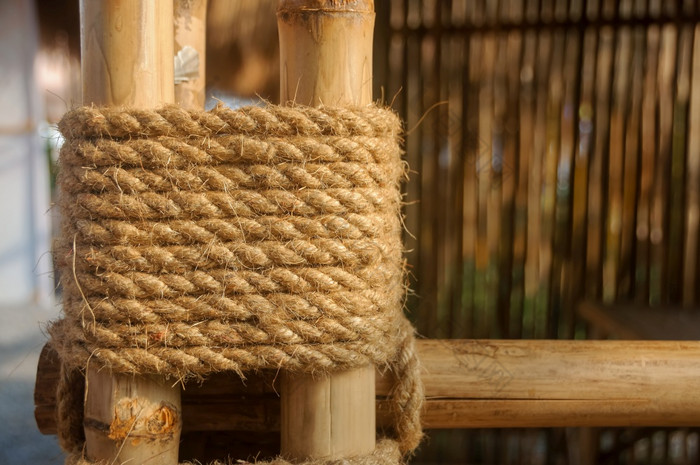 麻绳子系竹子树坚持在一起为建筑结构竹子绳子关节