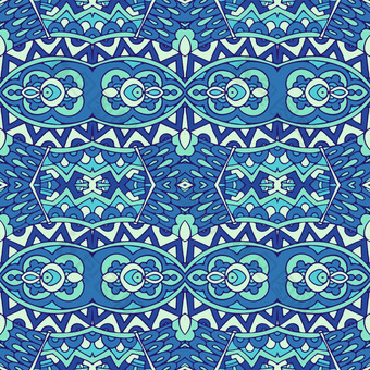 装饰瓷砖纹理打印马赛克东方模式与蓝色的点缀阿拉伯式花纹几何蓝色的和白色陶瓷设计向量无缝的模式花色彩斑斓的少数民族部落几何迷幻墨西哥打印