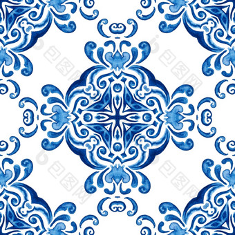 摘要蓝色的和白色手画大马士革瓷砖无缝的观赏复古的水彩油漆模式优雅的奢侈品手画纹理为壁纸背景和页面填满蓝色的和白色大奖章大马士革瓷砖水彩手画花模式蓝色的和白色阿祖莱霍