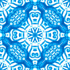 摘要蓝色的和白色手画瓷砖无缝的观赏水彩油漆模式优雅的奢侈品纹理为邀请织物和壁纸背景模板和页面填满摘要无缝的观赏水彩大马士革阿拉伯式花纹油漆瓷砖模式