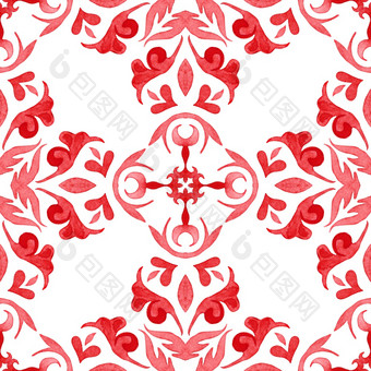 红色的水彩handdrawn无缝的几何模式瓷砖设计表面红色的无缝的观赏水彩平铺的模式手画图形