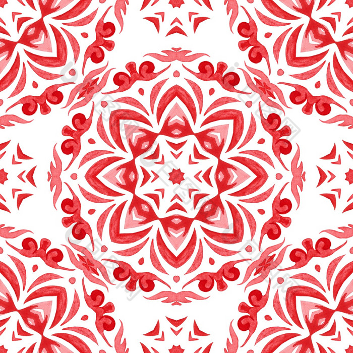 手画水彩装饰模式白色背景红色的观赏大马士革可以使用圣诞节卡背景织物和陶瓷瓷砖餐具红色的无缝的观赏水彩阿拉伯式花纹油漆瓷砖模式为织物和陶瓷