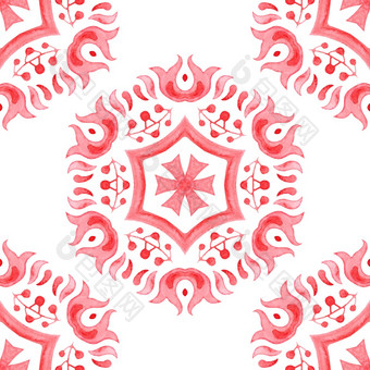 手画水彩艺术<strong>雪</strong>花<strong>红色</strong>的观赏花环可以使用圣诞节卡背景织物和陶瓷瓷砖餐具<strong>红色</strong>的无缝的观赏水彩阿拉伯式花纹油漆瓷砖模式为织物