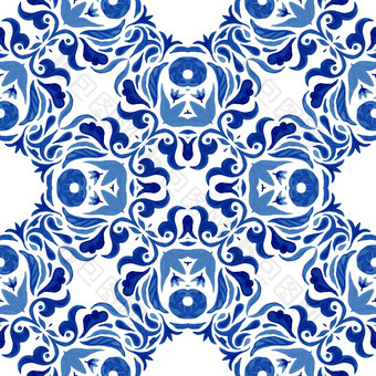 摘要蓝色的和白色手画大马士革瓷砖无缝的观赏地中海水彩油漆模式阿祖莱霍talvera瓷砖摘要无缝的观赏水彩阿拉伯式花纹油漆瓷砖模式为织物
