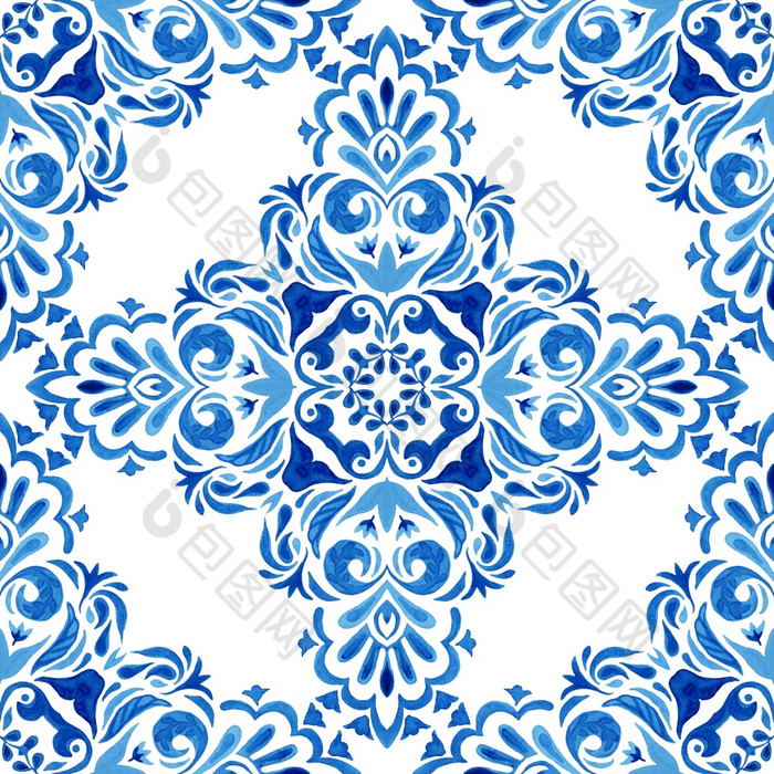 摘要蓝色的和白色手画大马士革瓷砖无缝的观赏复古的水彩油漆模式葡萄牙语陶瓷瓷砖启发花交叉摘要手画水彩瓷砖无缝的观赏模式优雅的曼荼罗花为织物和壁纸