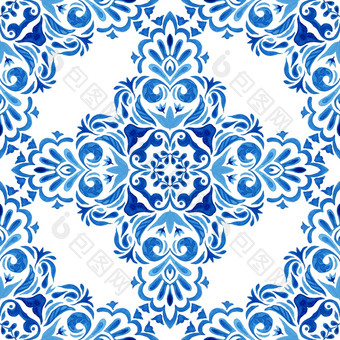 摘要蓝色的和白色手画大马士革瓷砖无缝的观赏复古的水彩油漆模式葡萄牙语陶瓷瓷砖启发花交叉摘要手画水彩瓷砖无缝的观赏模式优雅的曼荼罗花为织物和壁纸
